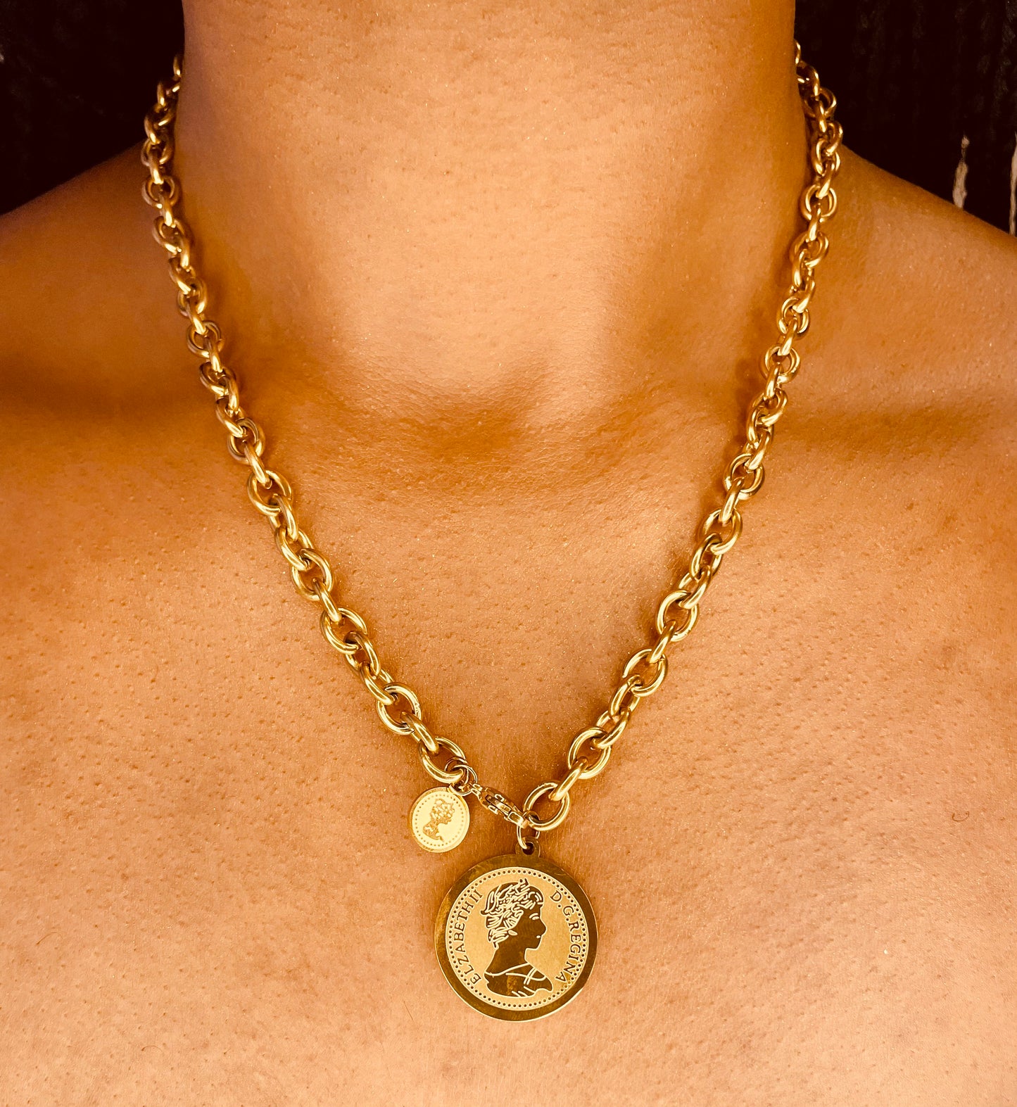 Stylish 18K gold plated coin necklace worn by a model, highlighting its chic design from GeorgiaReneeBoutique.