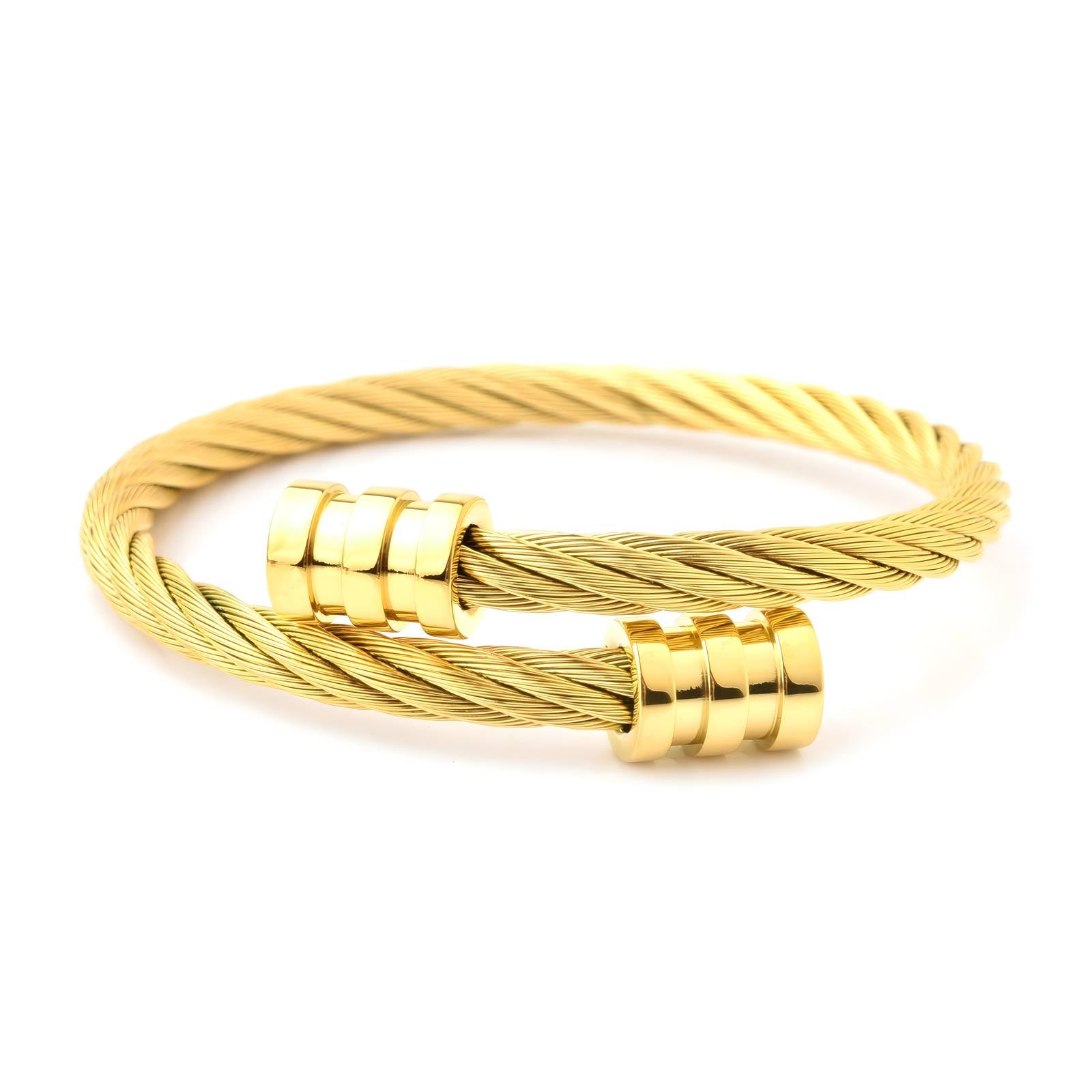 Close-up of a tarnish-proof 18K gold plated steel rope bangle bracelet by GeorgiaReneeBoutique.