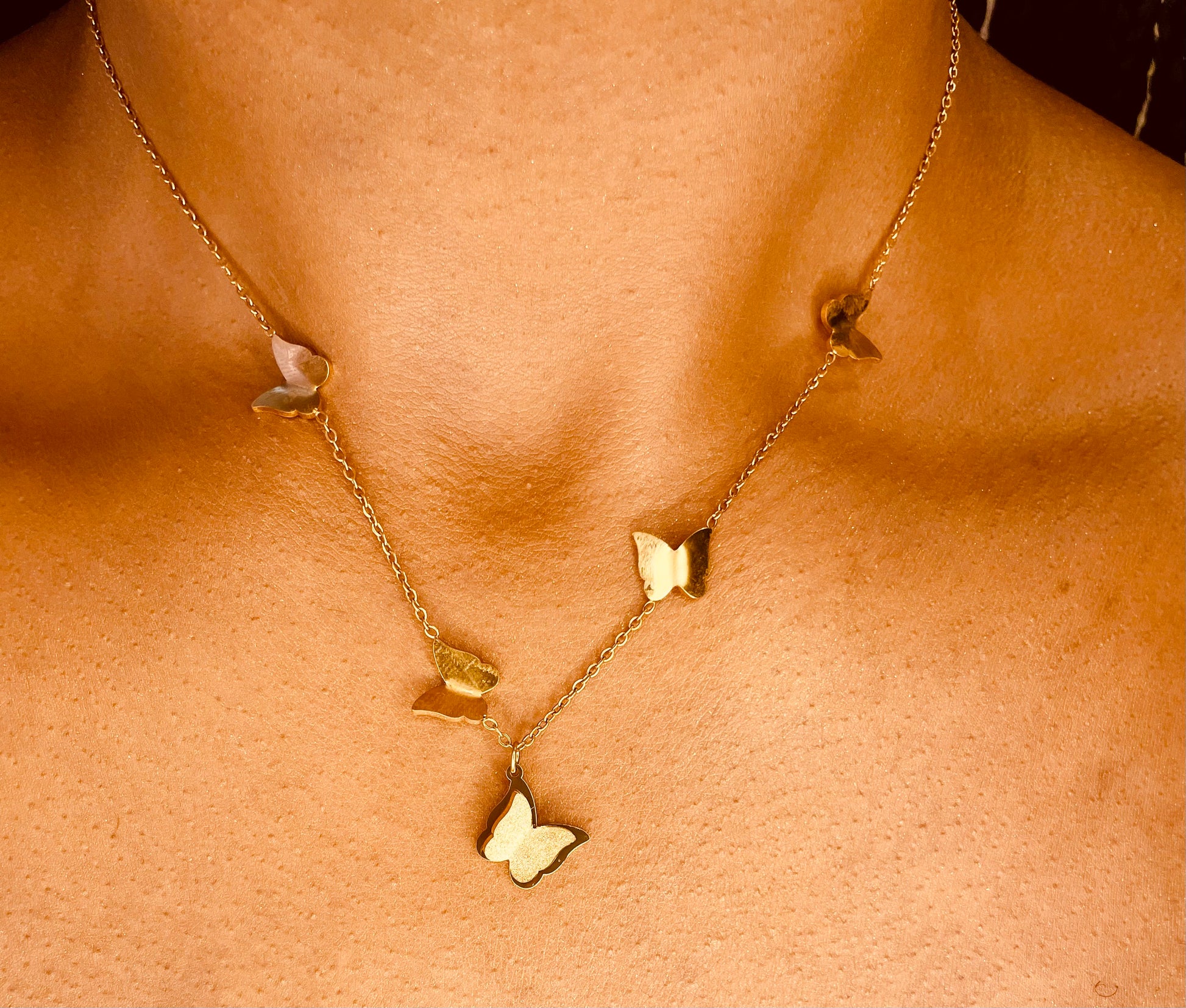 “18k gold plated butterfly necklace styled on model with elegant feminine design | Georgia Renee Boutique”