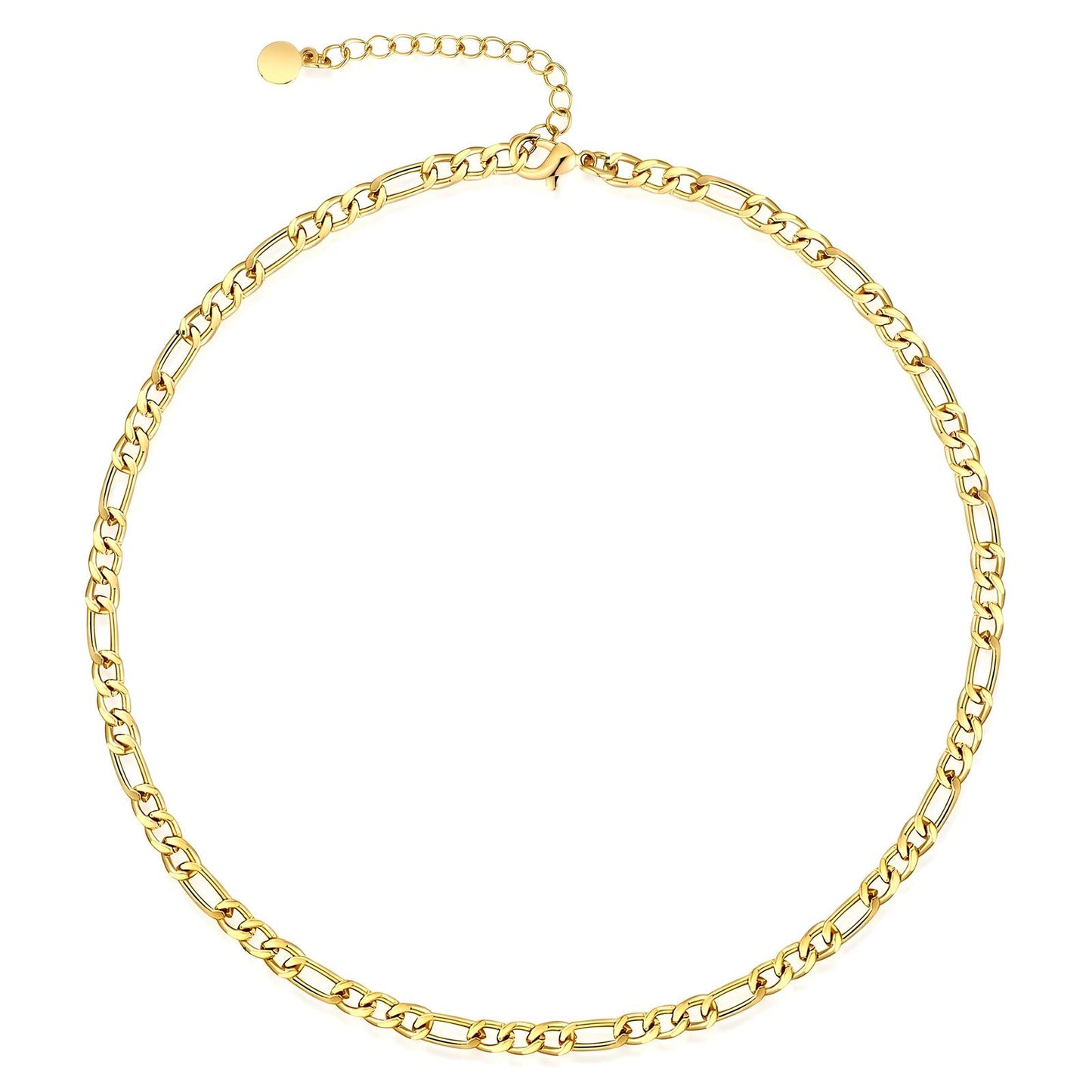Close-up of tarnish-proof 18K gold plated steel necklace, showcasing durable and elegant craftsmanship.