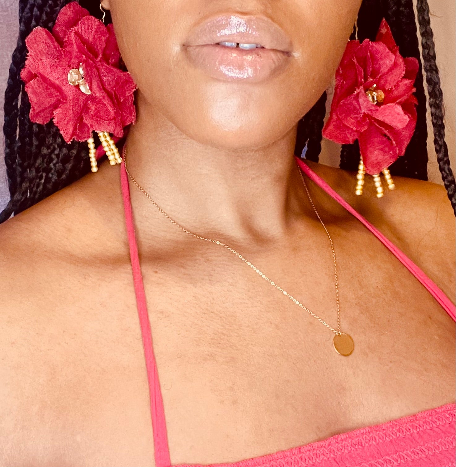 Stylish Lolita 18K gold vermeil drop earrings worn by a model, highlighting their vibrant floral design from GeorgiaReneeBoutique.