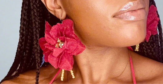 Close-up of Lolita tarnish-proof 18K gold vermeil drop earrings, showcasing intricate up-cycled textile floral details.