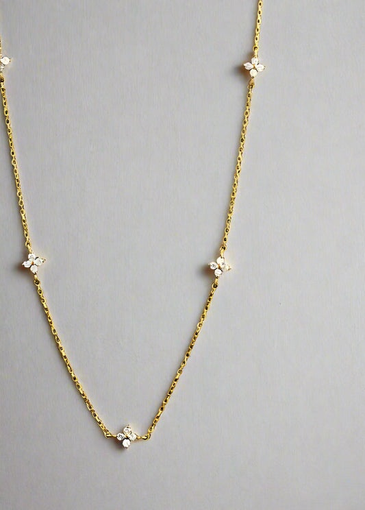 “Delicate four-leaf clover charm necklace in 18k gold plated sterling silver, minimalist jewelry style”