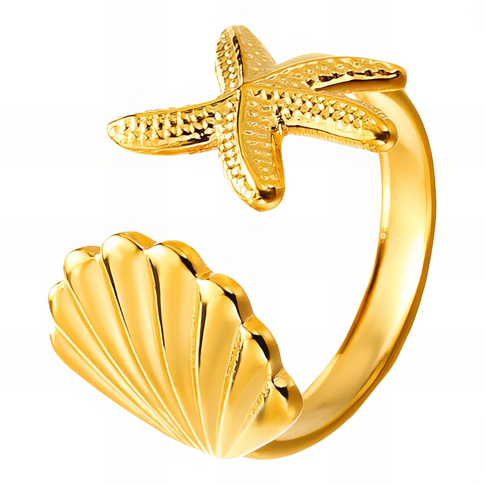 Handmade 18K gold plated starfish and seashell ring with elegant coastal design, crafted for timeless charm at GeorgiaReneeBoutique.
