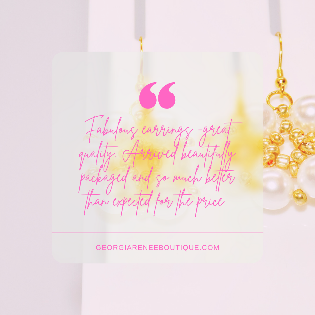 Akira earrings in gold and pearl design, highlighted with a perfect timing review from the boutique.