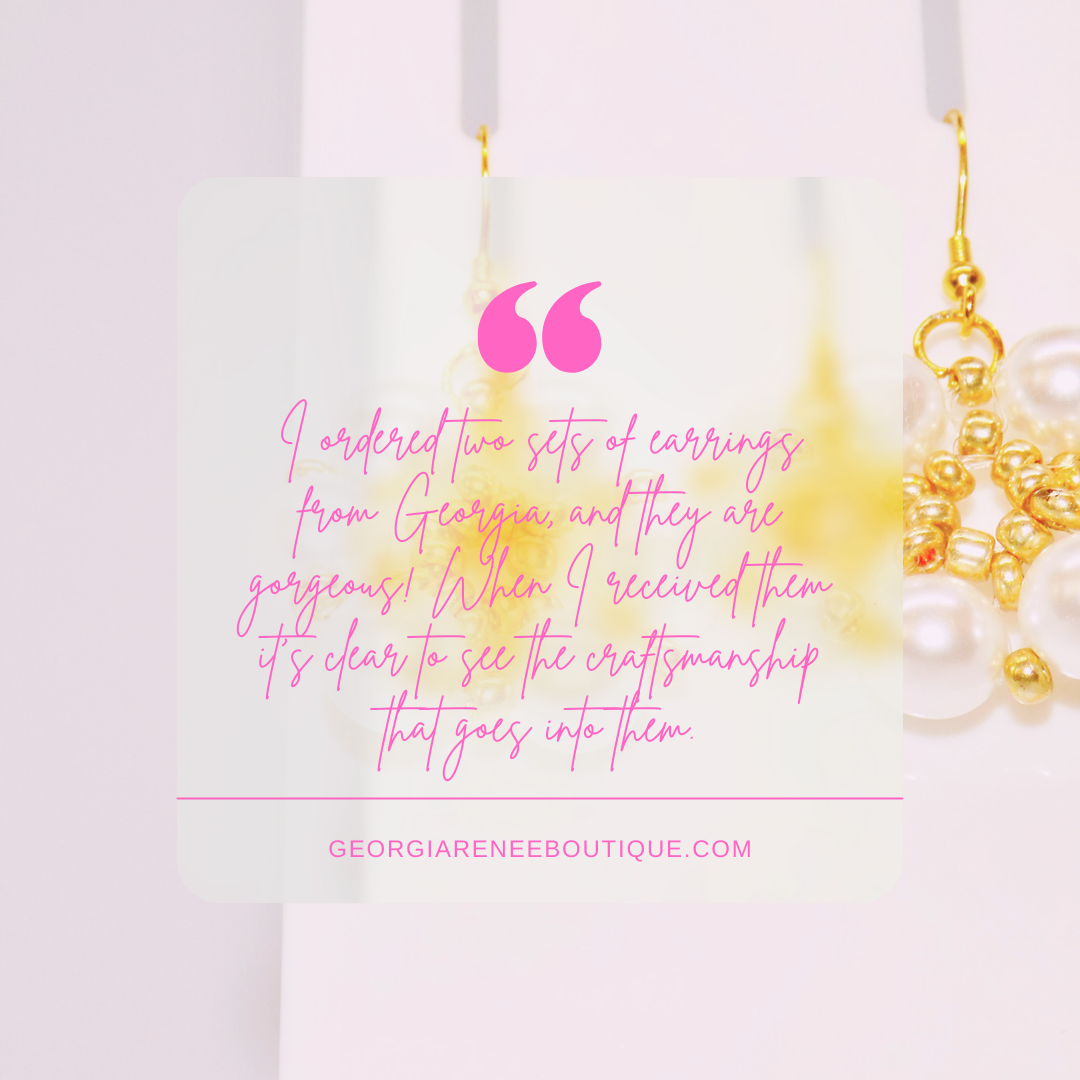 Stylish Akira Earrings with pearls and gold, paired with a heartfelt customer testimonial.