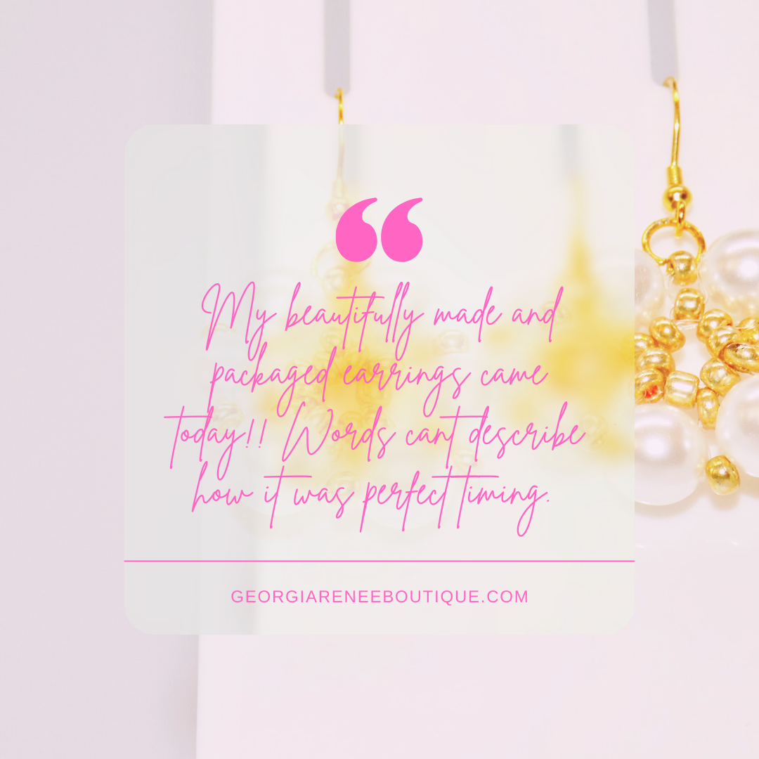 Akira earrings with gold and pearls, featured with a glowing customer review from Georgia Renee Boutique.