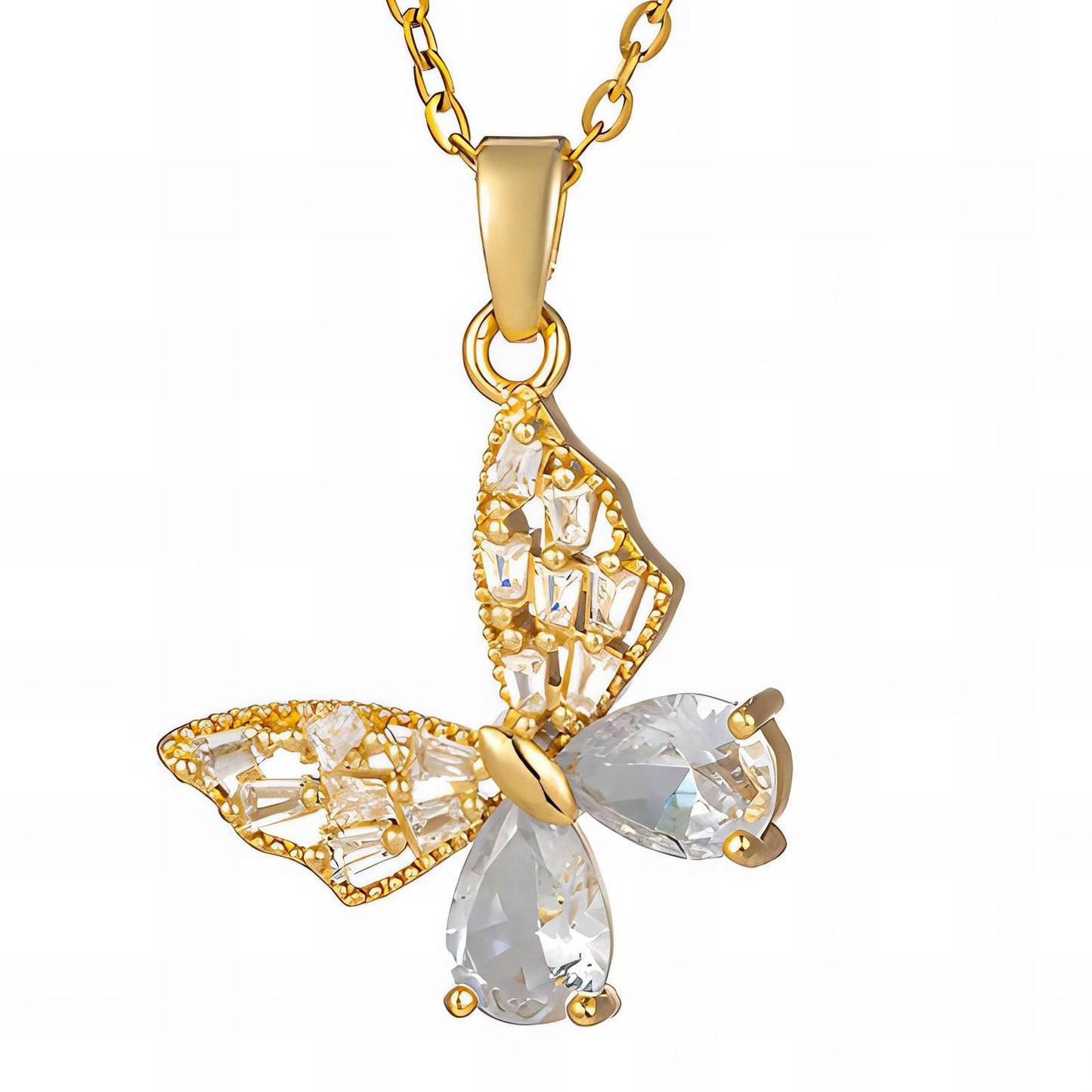  Close-up of tarnish-proof 18K gold plated steel butterfly necklace, showcasing intricate pendant details for lasting elegance.