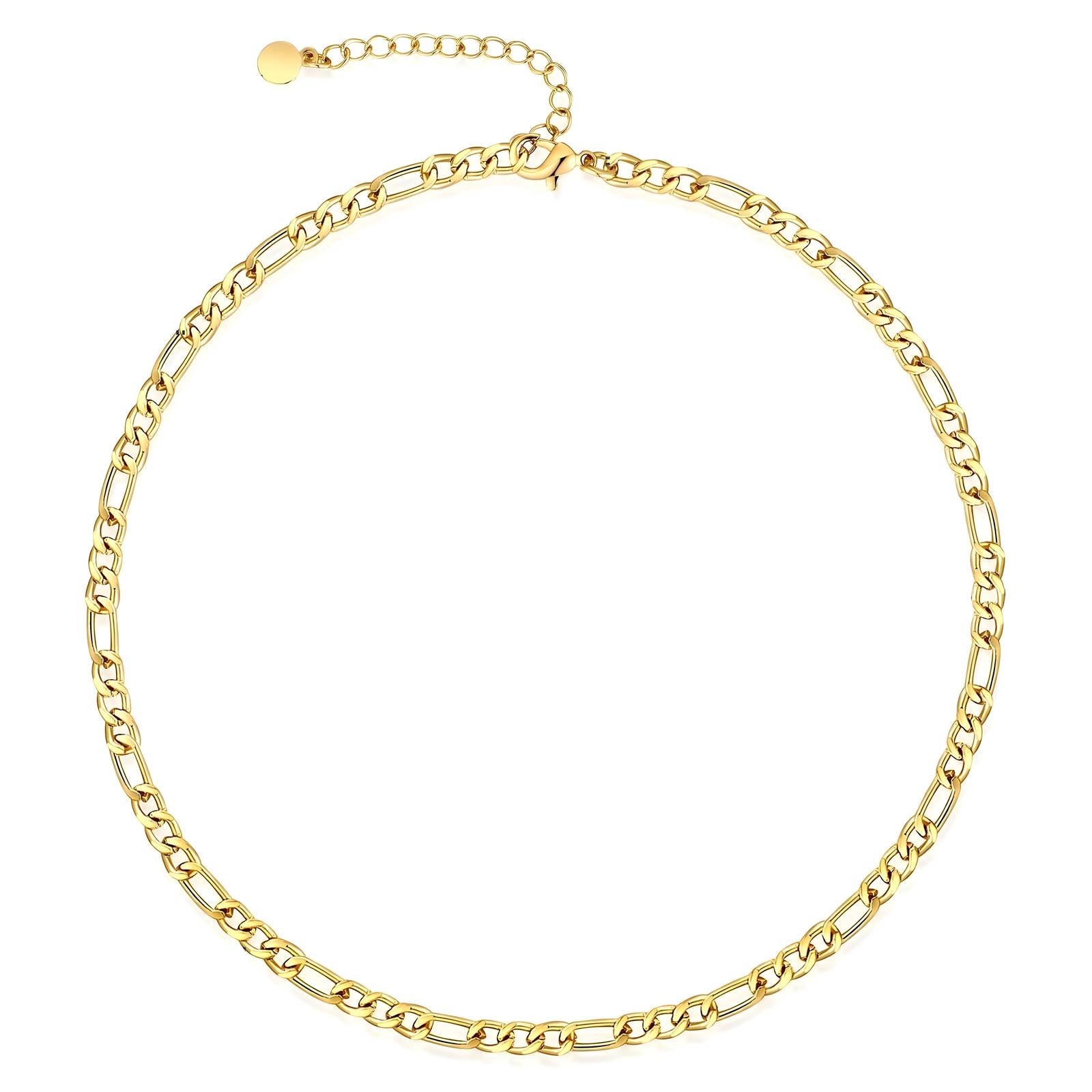 Close-up of tarnish-proof 18K gold plated steel necklace, showcasing durable and elegant craftsmanship.