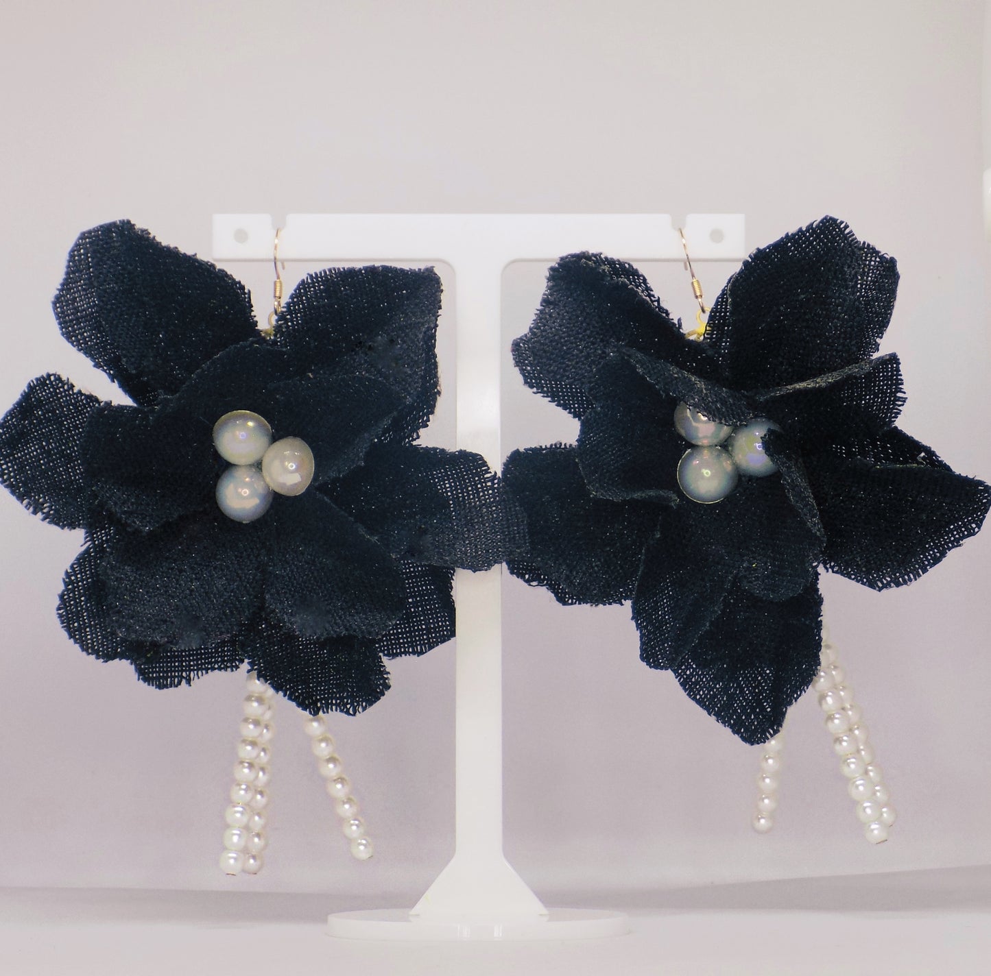  Side view of tarnish-proof Lolita 18K gold vermeil drop earrings, featuring a delicate floral design from up-cycled textiles.